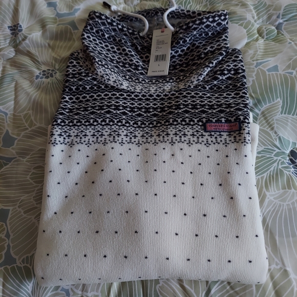 Vineyard Vines Black and White Fair Isle Sweater Fleece Funnel Neck - Picture 6 of 6